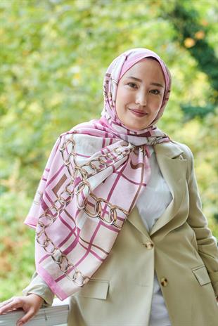 Loryan Scarf Dıamond  Ekose Zincir Şal - Pembe