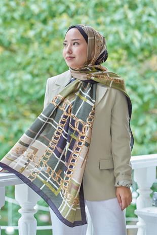 Loryan Scarf Dıamond  Ekose Zincir Şal - Siyah/Haki