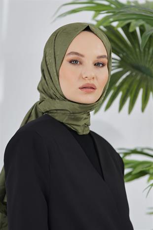 Loryan Scarf Floş Jakar Serisi Kazayağı Desenli Şal Haki