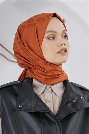 Loryan Scarf Floş Jakar Serisi Leopar Desenli Şal Kiremit