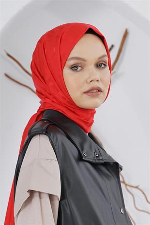 Loryan Scarf Floş Jakar Serisi Leopar Desenli Şal Kırmızı