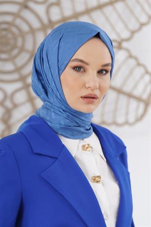 Loryan Scarf Floş Jakar Serisi Logo Desen Şal Kot Mavi