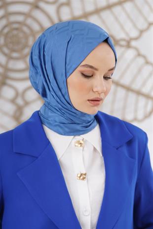 Loryan Scarf Floş Jakar Serisi Logo Desen Şal Kot Mavi