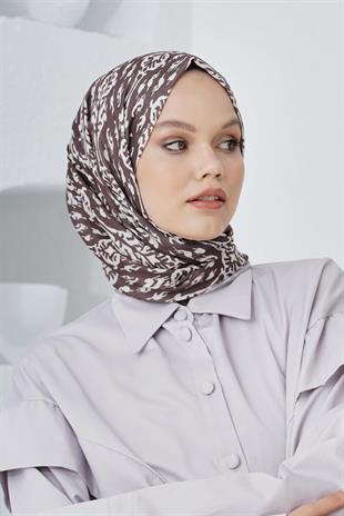 Loryan Scarf Linen Keten Karışımlı Pamuklu Çini Desenli Şal Kahve