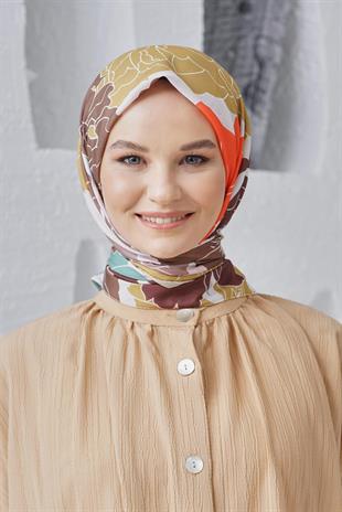 Loryan Scarf Linen Keten Karışımlı Pamuklu Rose Desenli Eşarp Kahve