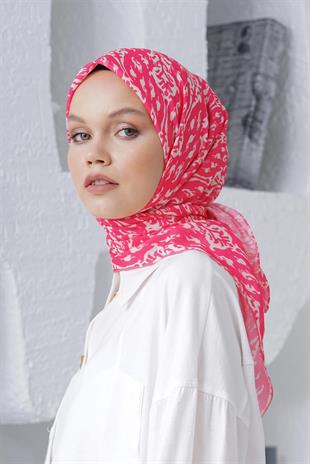 Loryan Scarf Linen Keten Karışımlı Pamuklu Çini Desenli Eşarp Fuşya