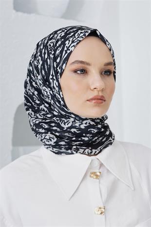 Loryan Scarf Linen Keten Karışımlı Pamuklu Çini Desenli Şal Siyah