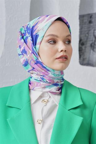 Loryan Scarf Linen Keten Karışımlı Pamuklu Zambak Desenli Eşarp Mavi