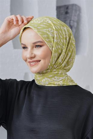Loryan Scarf Linen Keten Karışımlı Pamuklu Çini Desenli Eşarp Fıstık Yeşili