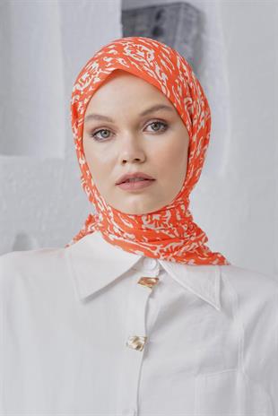Loryan Scarf Linen Keten Karışımlı Pamuklu Çini Desenli Eşarp Orange