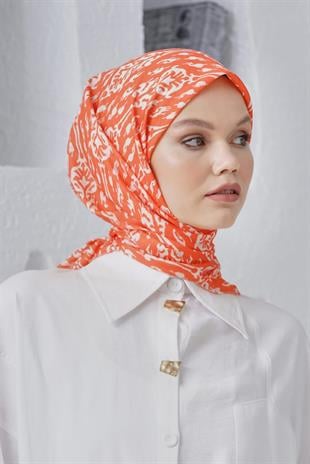 Loryan Scarf Linen Keten Karışımlı Pamuklu Çini Desenli Eşarp Orange