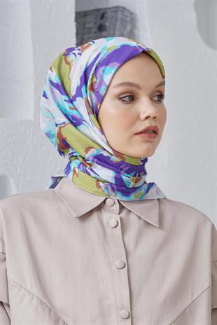 Loryan Scarf Linen Keten Karışımlı Pamuklu Zambak Desenli Eşarp Fıstık Yeşili
