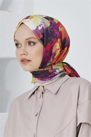 Loryan Scarf Linen Keten Karışımlı Pamuklu Peony Desenli Eşarp Fıstık Yeşili