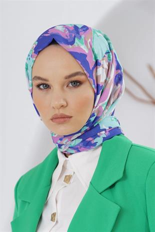 Loryan Scarf Linen Keten Karışımlı Pamuklu Zambak Desenli Şal Mavi