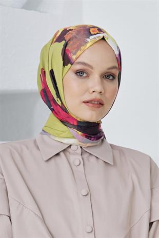 Loryan Scarf Linen Keten Karışımlı Pamuklu Peony Desenli Eşarp Fıstık Yeşili