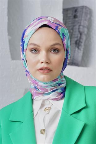 Loryan Scarf Linen Keten Karışımlı Pamuklu Zambak Desenli Eşarp Mavi