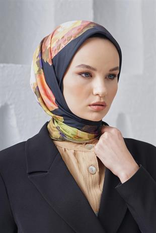 Loryan Scarf Linen Keten Karışımlı Pamuklu Peony Desenli Eşarp Siyah