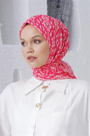 Loryan Scarf Linen Keten Karışımlı Pamuklu Çini Desenli Eşarp Fuşya