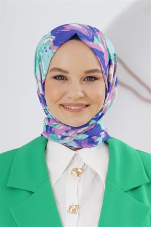 Loryan Scarf Linen Keten Karışımlı Pamuklu Zambak Desenli Şal Mavi