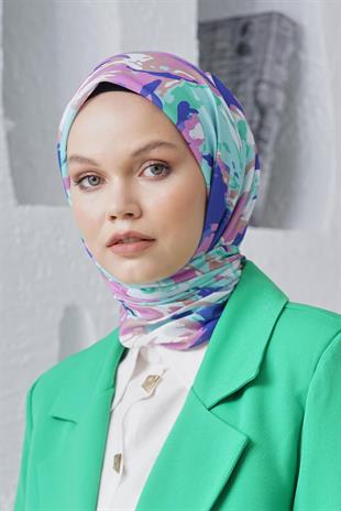 Loryan Scarf Linen Keten Karışımlı Pamuklu Zambak Desenli Eşarp Mavi