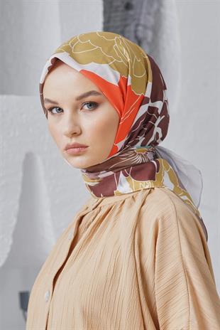 Loryan Scarf Linen Keten Karışımlı Pamuklu Rose Desenli Eşarp Kahve