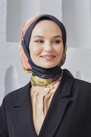 Loryan Scarf Linen Keten Karışımlı Pamuklu Peony Desenli Eşarp Siyah