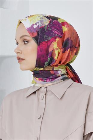 Loryan Scarf Linen Keten Karışımlı Pamuklu Peony Desenli Eşarp Fıstık Yeşili