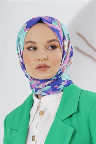 Loryan Scarf Linen Keten Karışımlı Pamuklu Zambak Desenli Şal Mavi