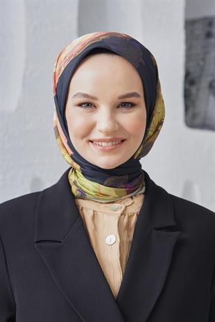 Loryan Scarf Linen Keten Karışımlı Pamuklu Peony Desenli Eşarp Siyah