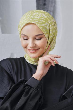 Loryan Scarf Linen Keten Karışımlı Pamuklu Çini Desenli Eşarp Fıstık Yeşili