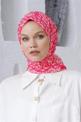Loryan Scarf Linen Keten Karışımlı Pamuklu Çini Desenli Eşarp Fuşya