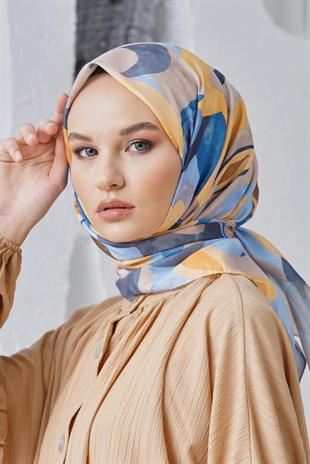 Loryan Scarf Linen Keten Karışımlı Pamuklu Sulu Boya Desenli Eşarp Mavi