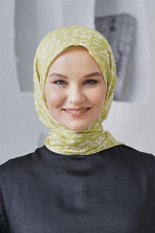Loryan Scarf Linen Keten Karışımlı Pamuklu Çini Desenli Eşarp Fıstık Yeşili