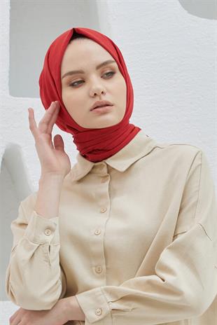 Loryan Scarf Logo Desen, Jakarlı Pamuklu Şal Kırmızı