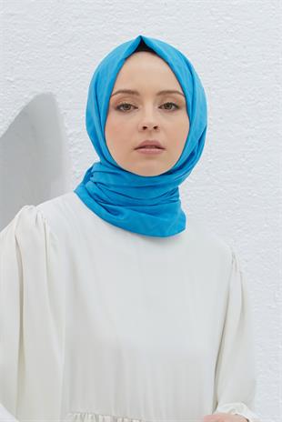 Loryan Scarf Logo Desen, Jakarlı Pamuklu Şal Mavi