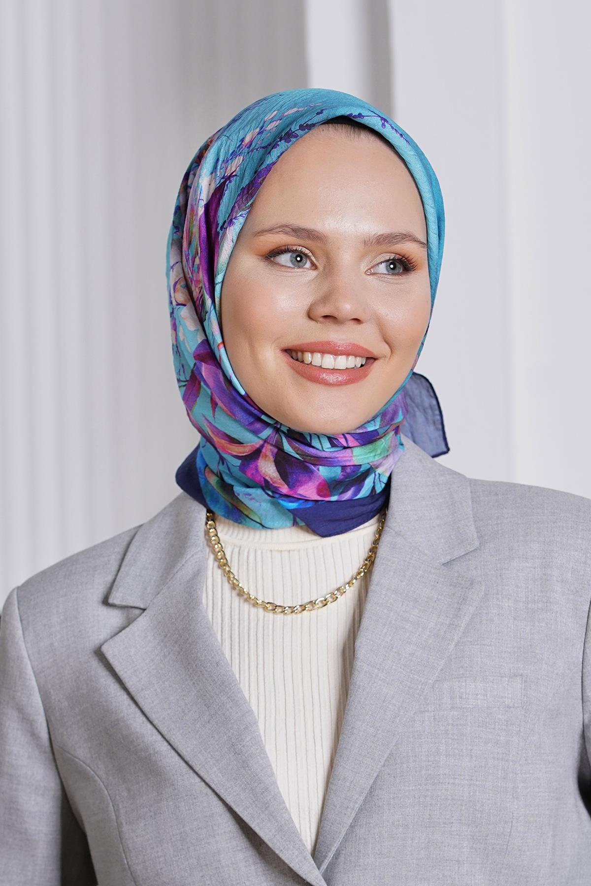 Loryan Scarf Diamond Eşarp - Diamond Flor İpeksi Eşarp 4297 Lacivert Turkuaz
