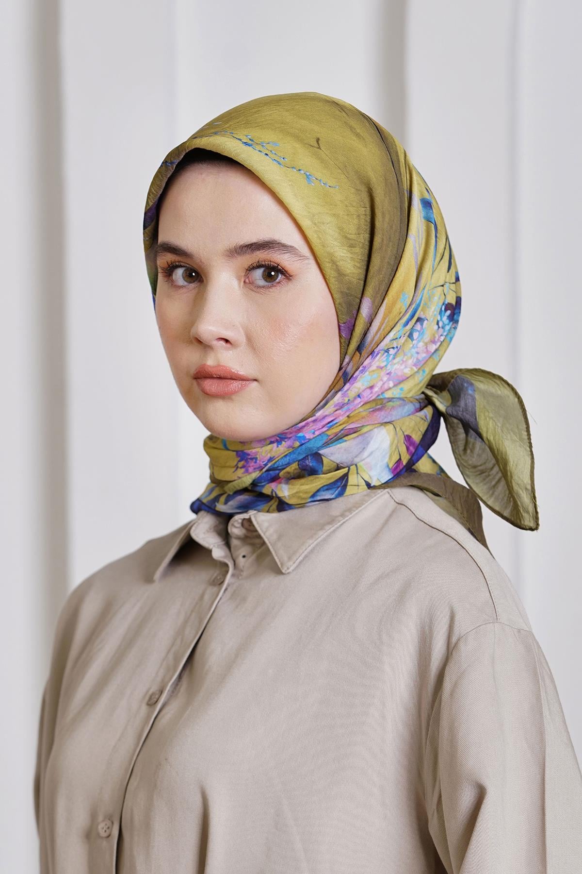 Loryan Scarf Diamond Eşarp - Diamond Flor İpeksi Eşarp 4297 Haki