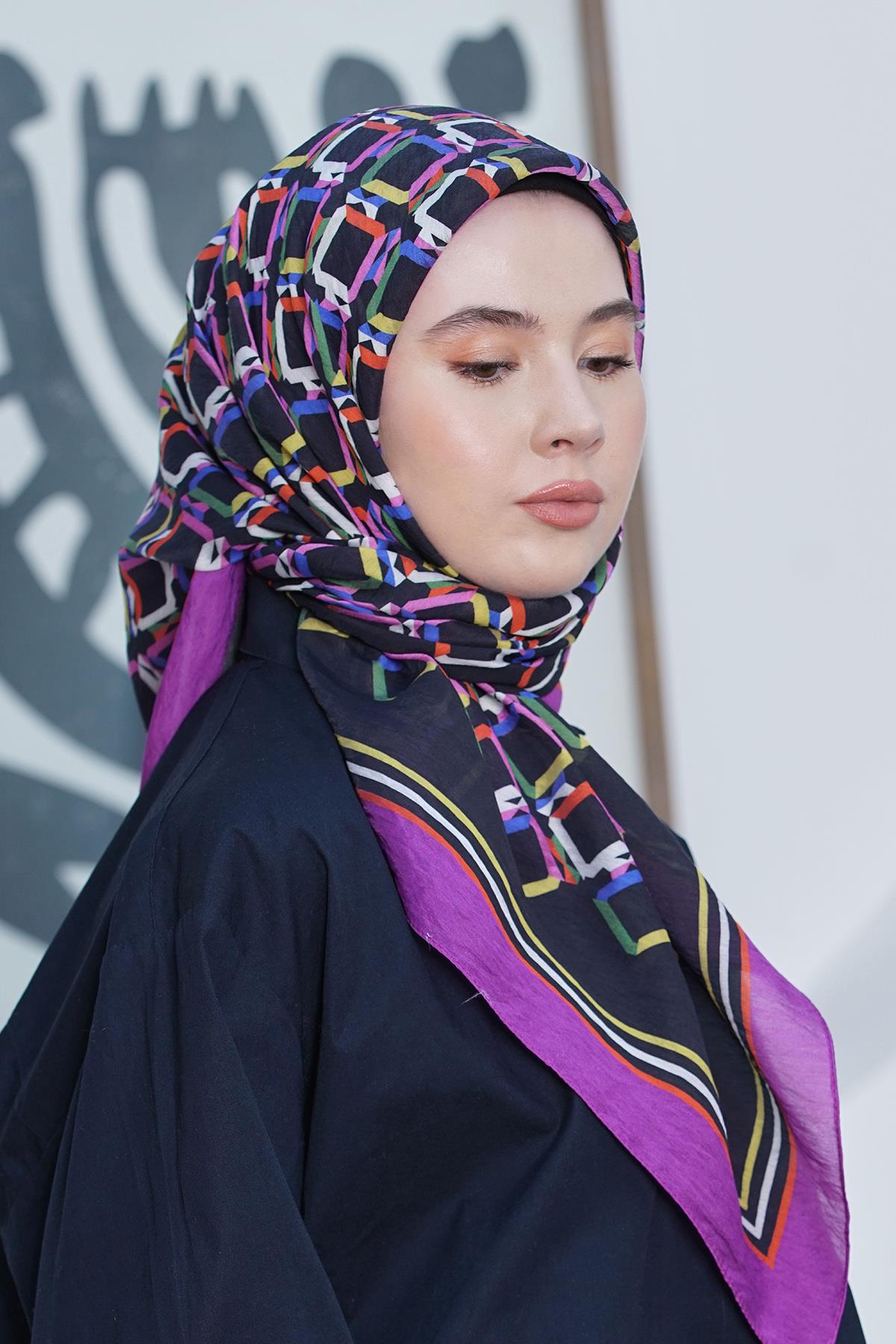 Loryan Scarf Diamond Eşarp - Diamond Plaid İpeksi Eşarp 4296 Mürdüm Siyah