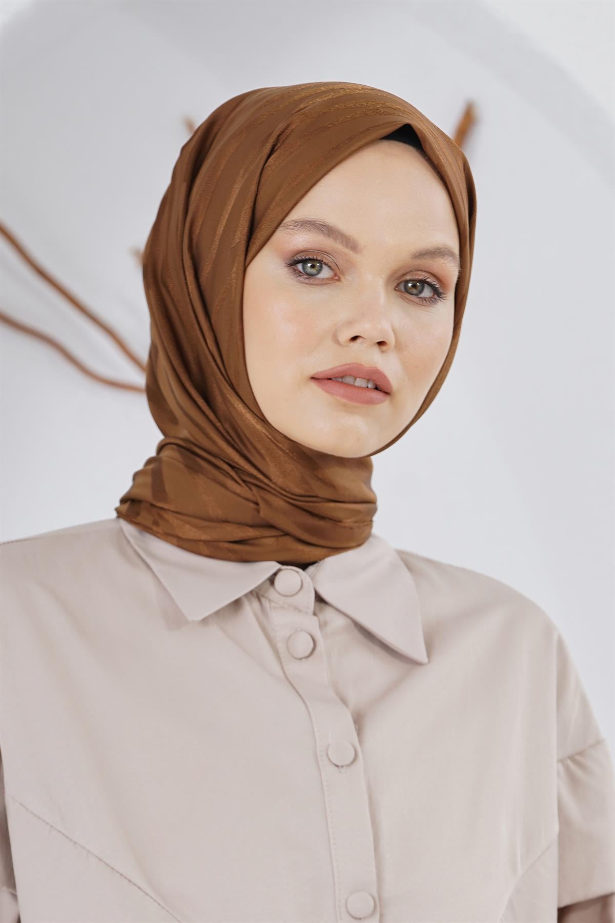Loryan Scarf Floş Jakar Serisi Ağaç Kabuğu Desenli Şal Açık Kahve