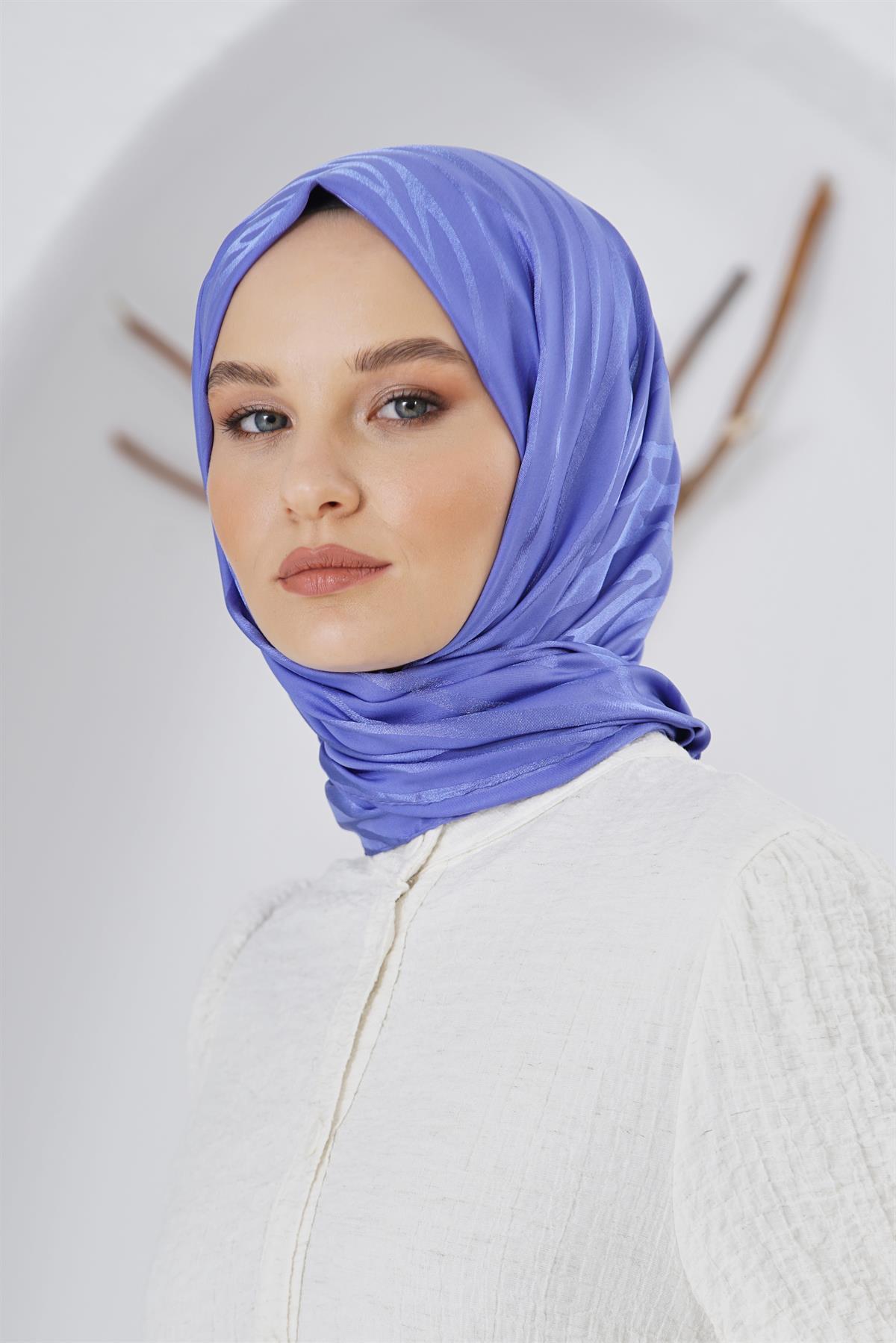 Loryan Scarf Floş Jakar Serisi Ağaç Kabuğu Desenli Şal İndigo