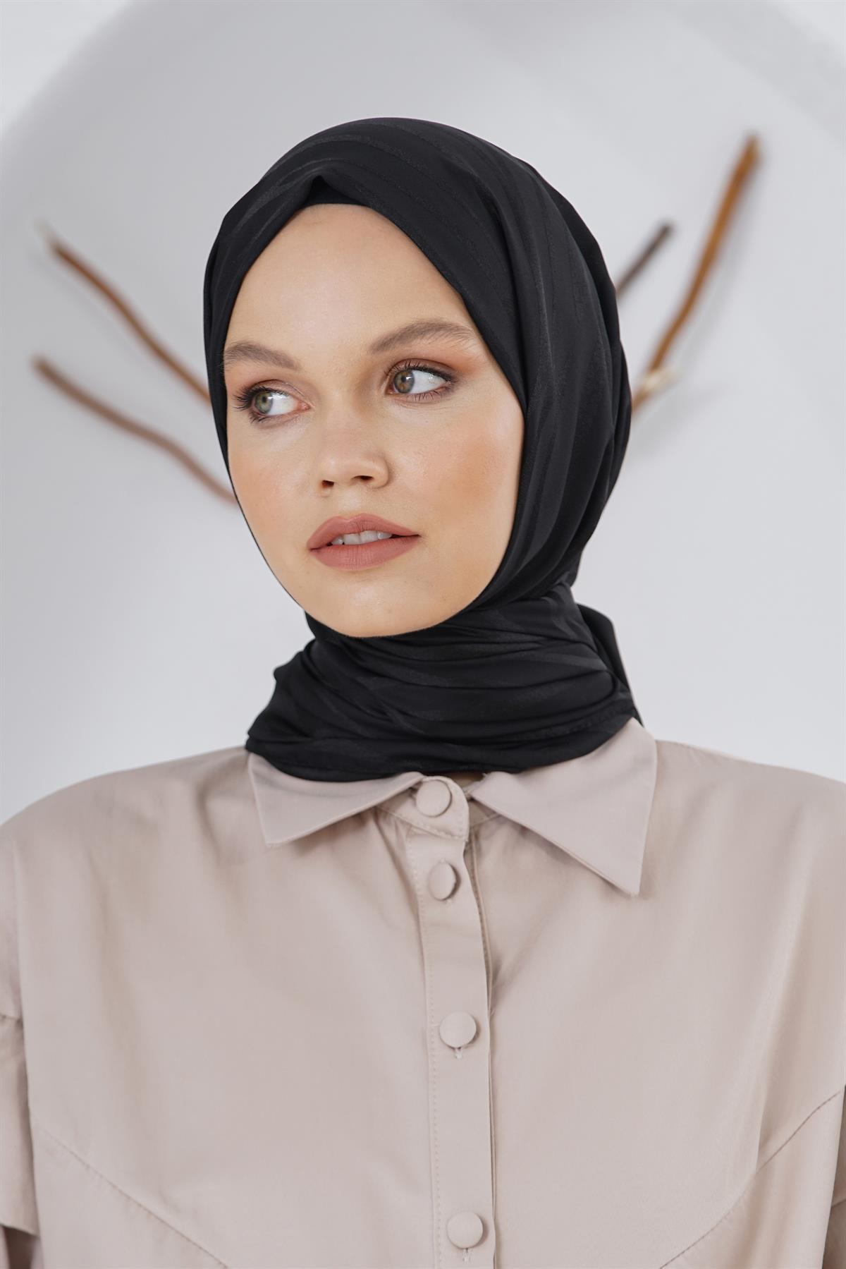 Loryan Scarf Floş Jakar Serisi Ağaç Kabuğu Desenli Şal Siyah