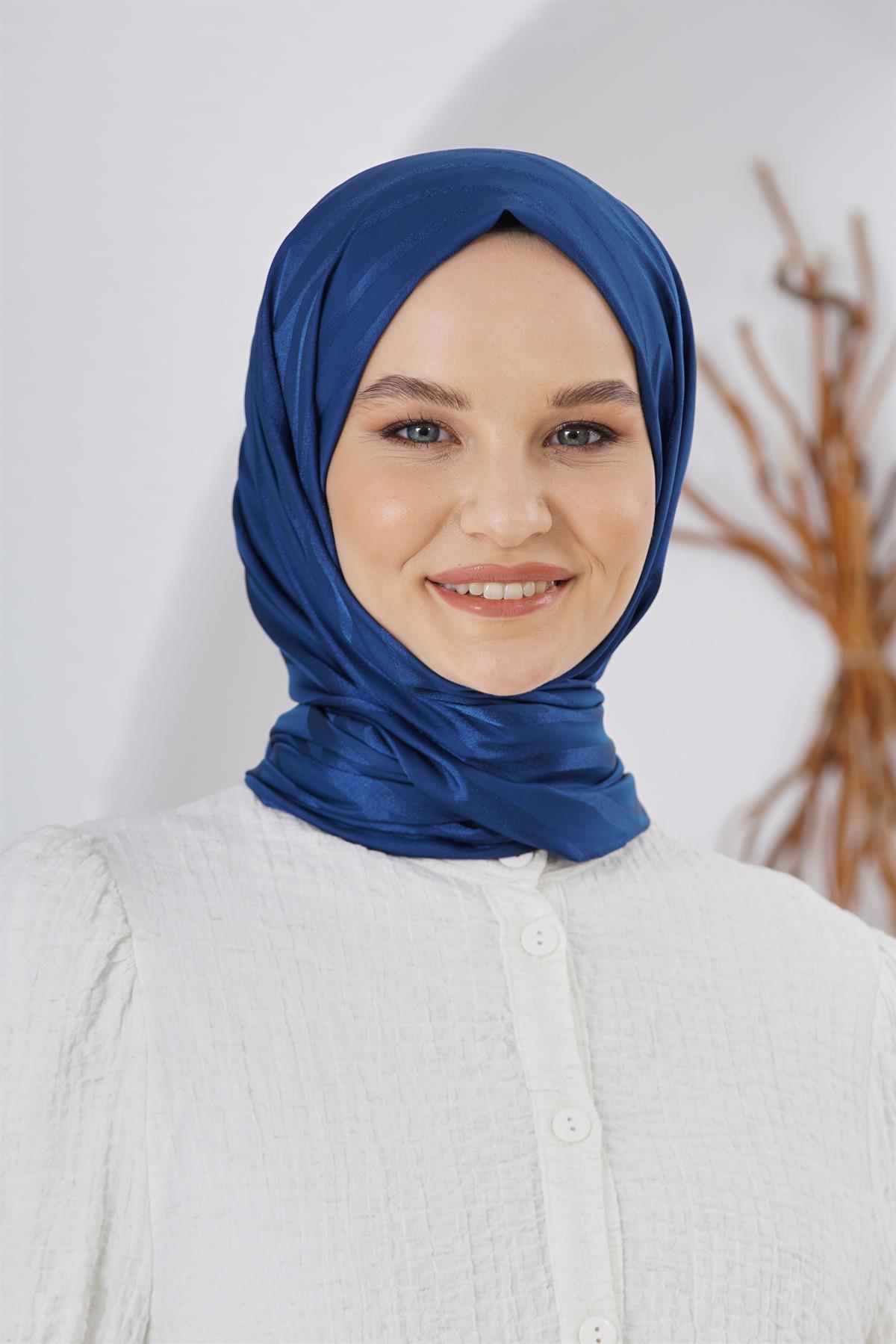 Loryan Scarf Floş Jakar Serisi Ağaç Kabuğu Desenli Şal Lacivert
