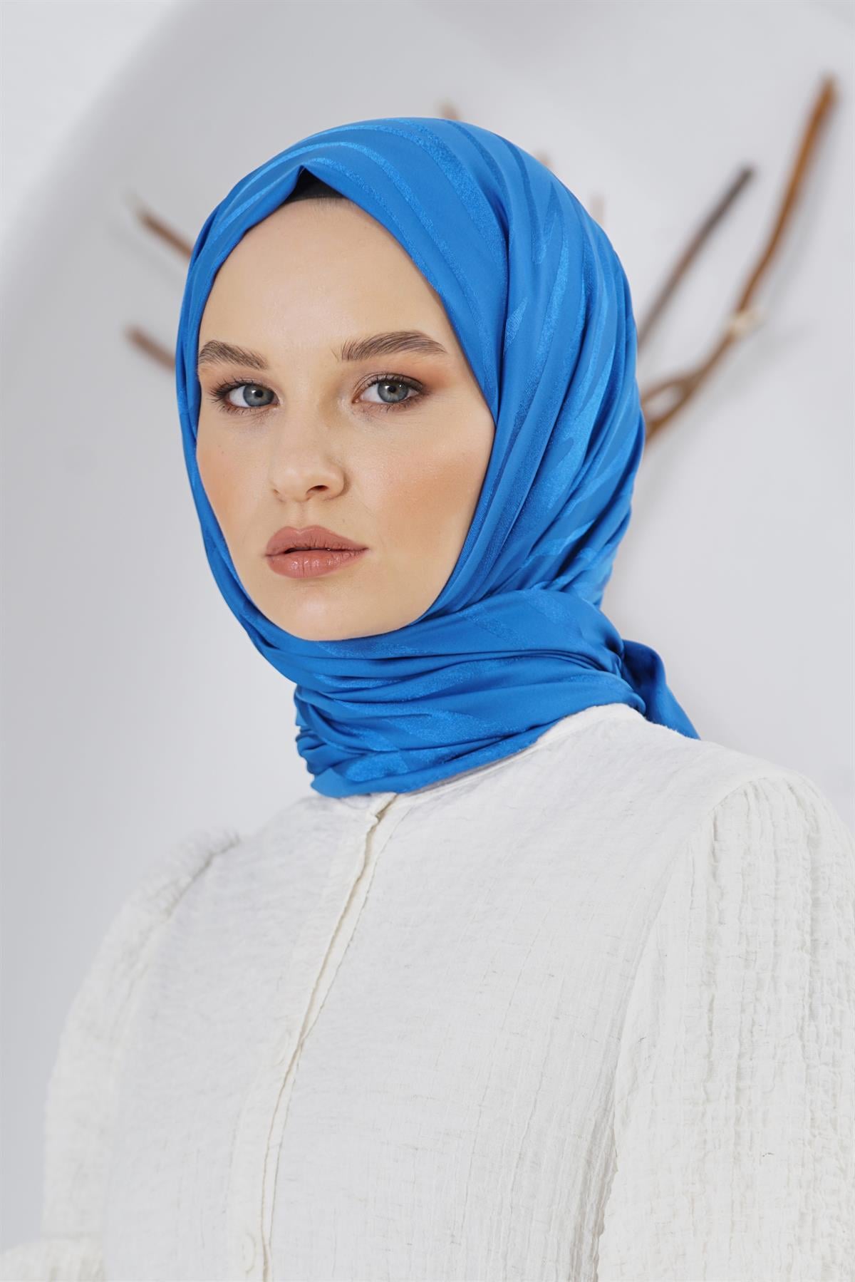 Loryan Scarf Floş Jakar Serisi Ağaç Kabuğu Desenli Şal Saks