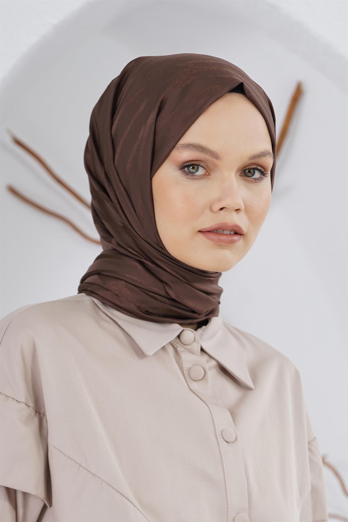 Loryan Scarf Floş Jakar Serisi Ağaç Kabuğu Desenli Şal Acı Kahve