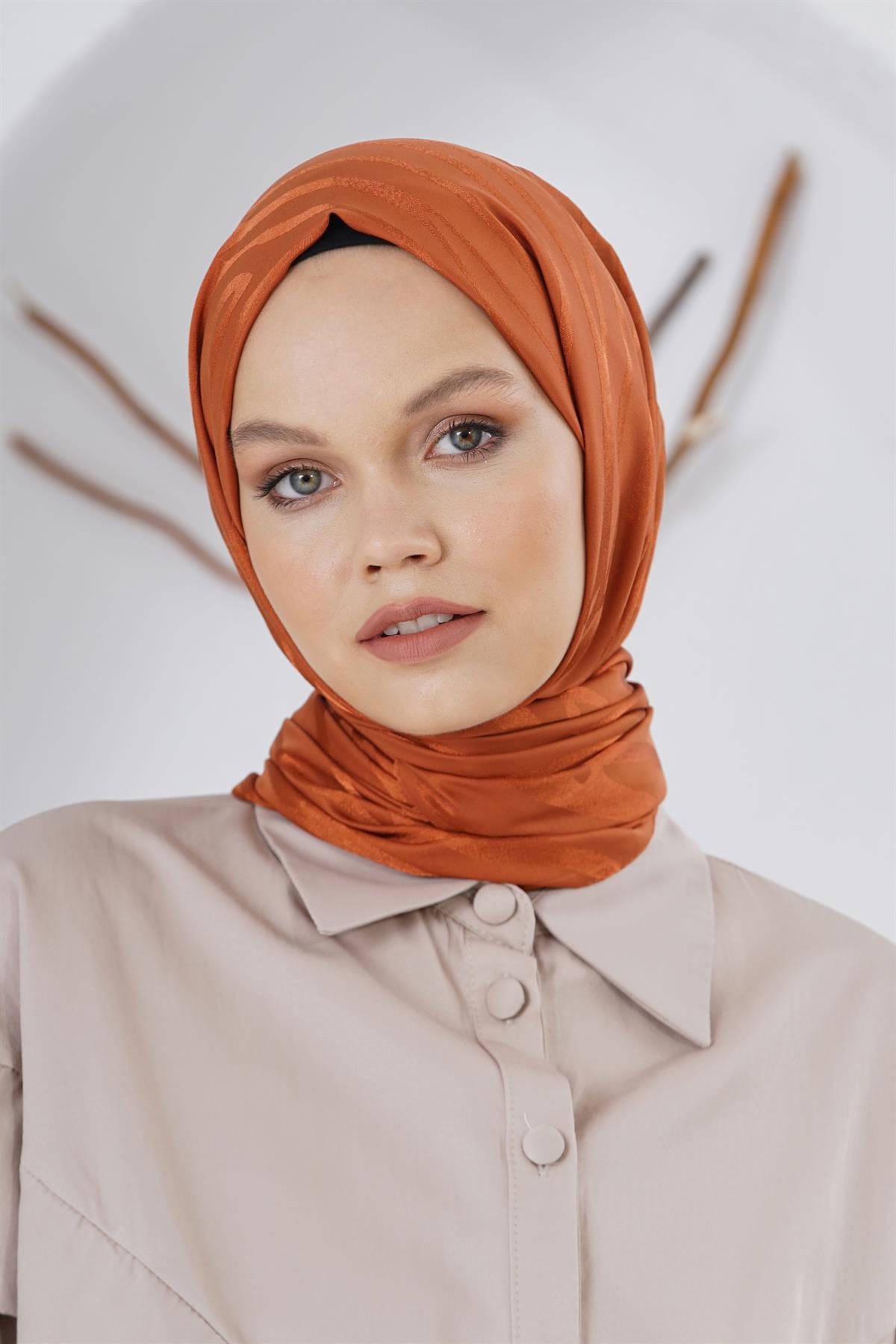 Loryan Scarf Floş Jakar Serisi Ağaç Kabuğu Desenli Şal Kiremit