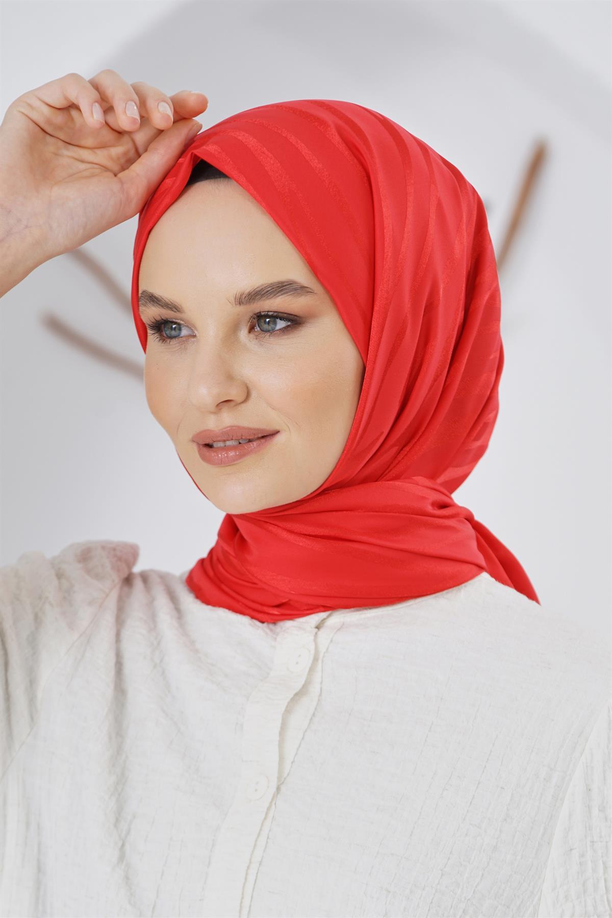 Loryan Scarf Floş Jakar Serisi Ağaç Kabuğu Desenli Şal Kırmızı