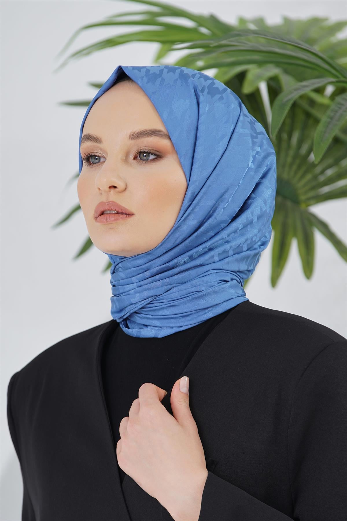 Loryan Scarf Floş Jakar Serisi Kazayağı Desenli Şal Kot Mavi