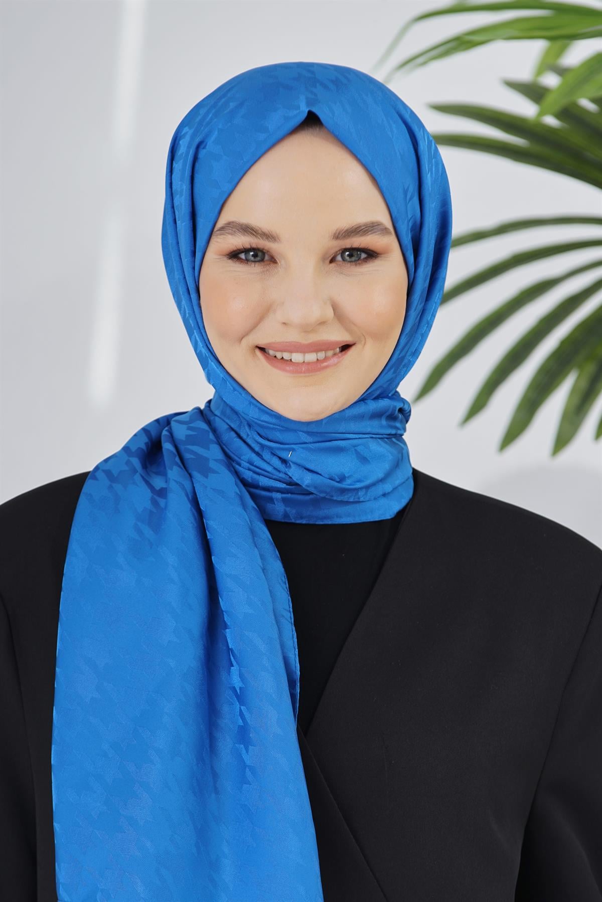 Loryan Scarf Floş Jakar Serisi Kazayağı Desenli Şal Saks