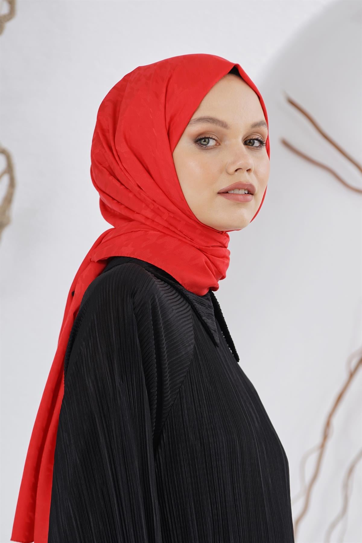 Loryan Scarf Floş Jakar Serisi Kazayağı Desenli Şal Kırmızı