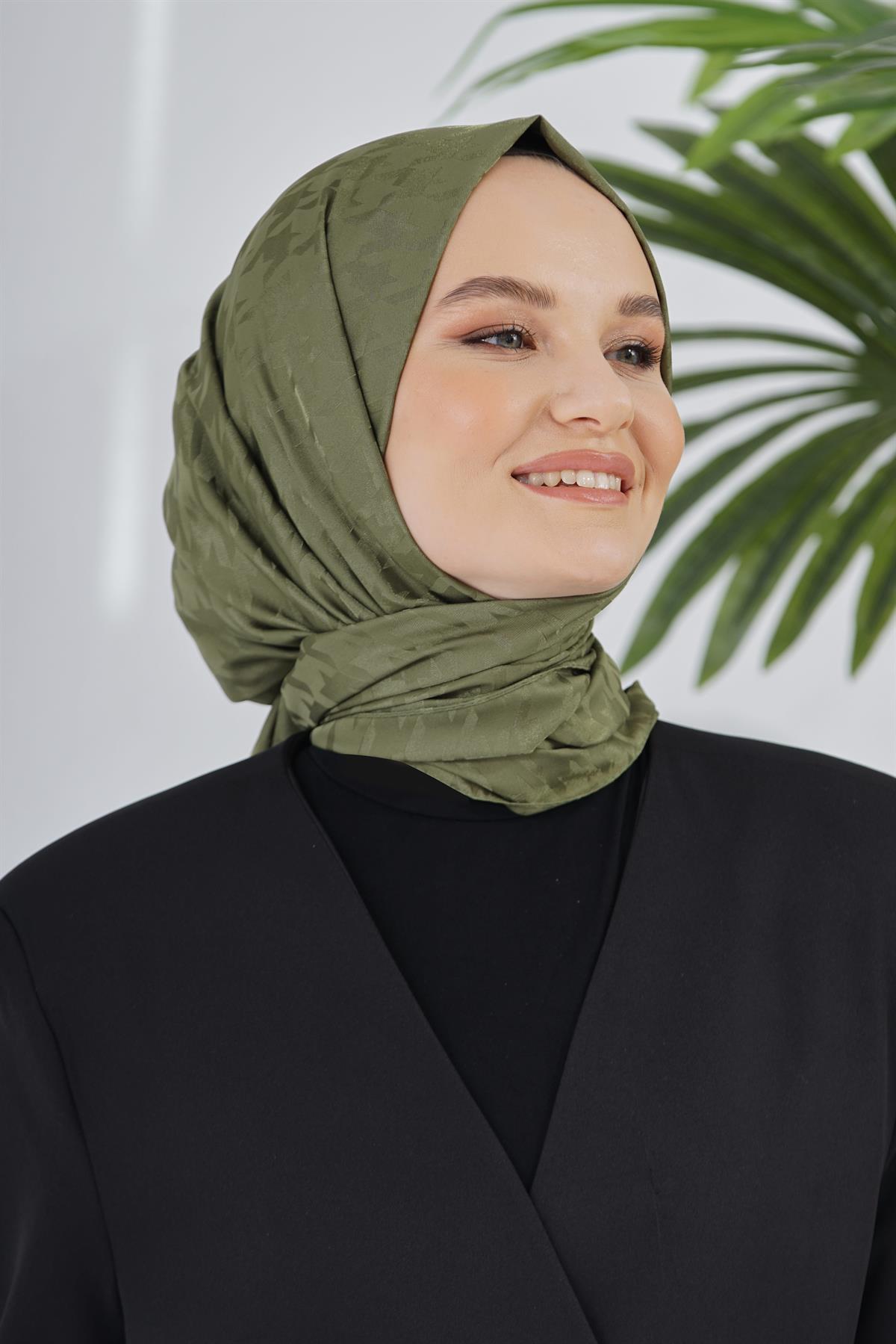 Loryan Scarf Floş Jakar Serisi Kazayağı Desenli Şal Haki